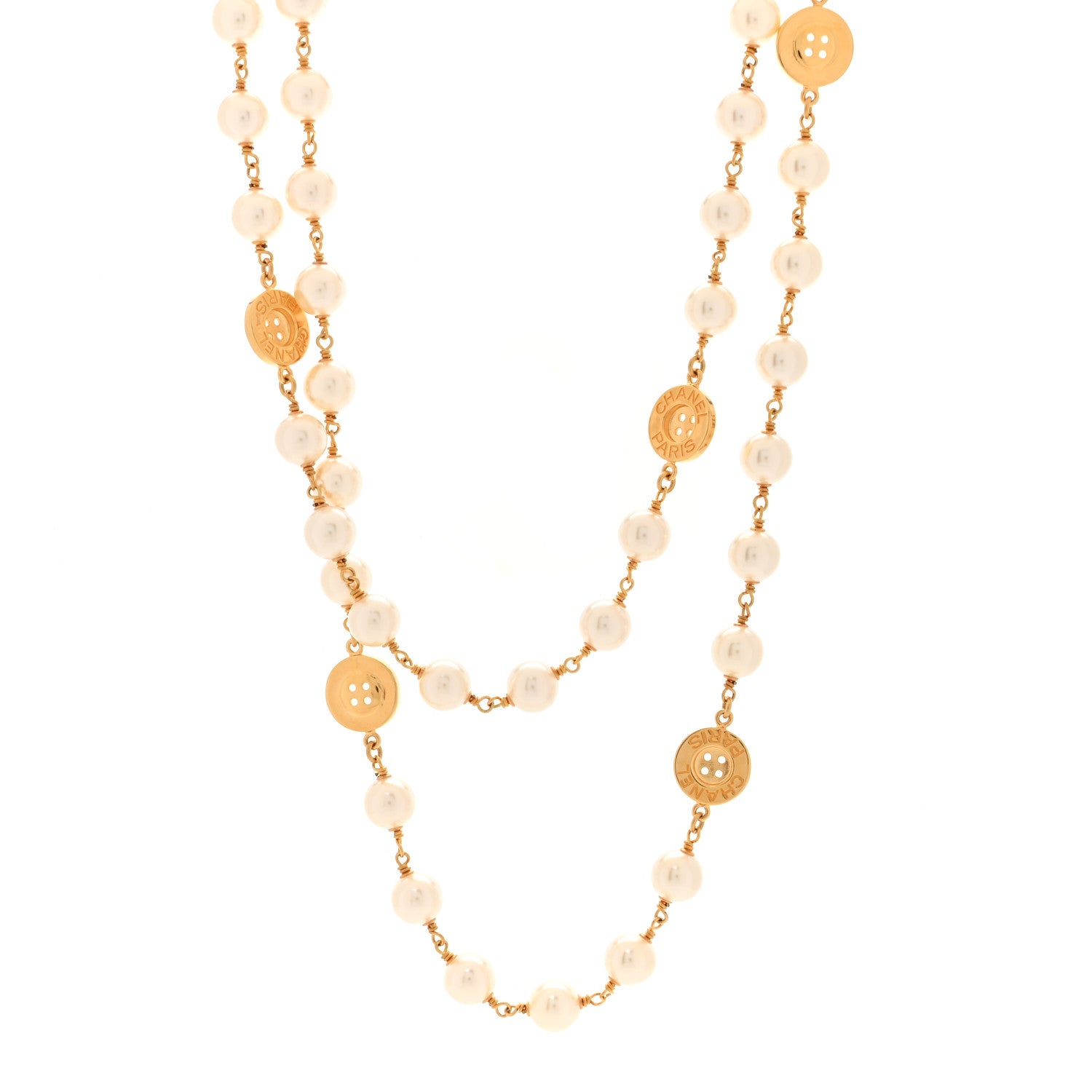 Chanel Metal Pearl Paris Button Necklace Gold 1 of 5