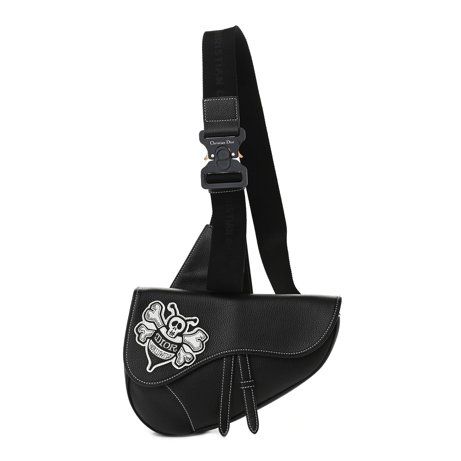 Christian Dior X SHAWN STUSSY Grained Calfskin Bee Saddle Bag Black 1 of 9