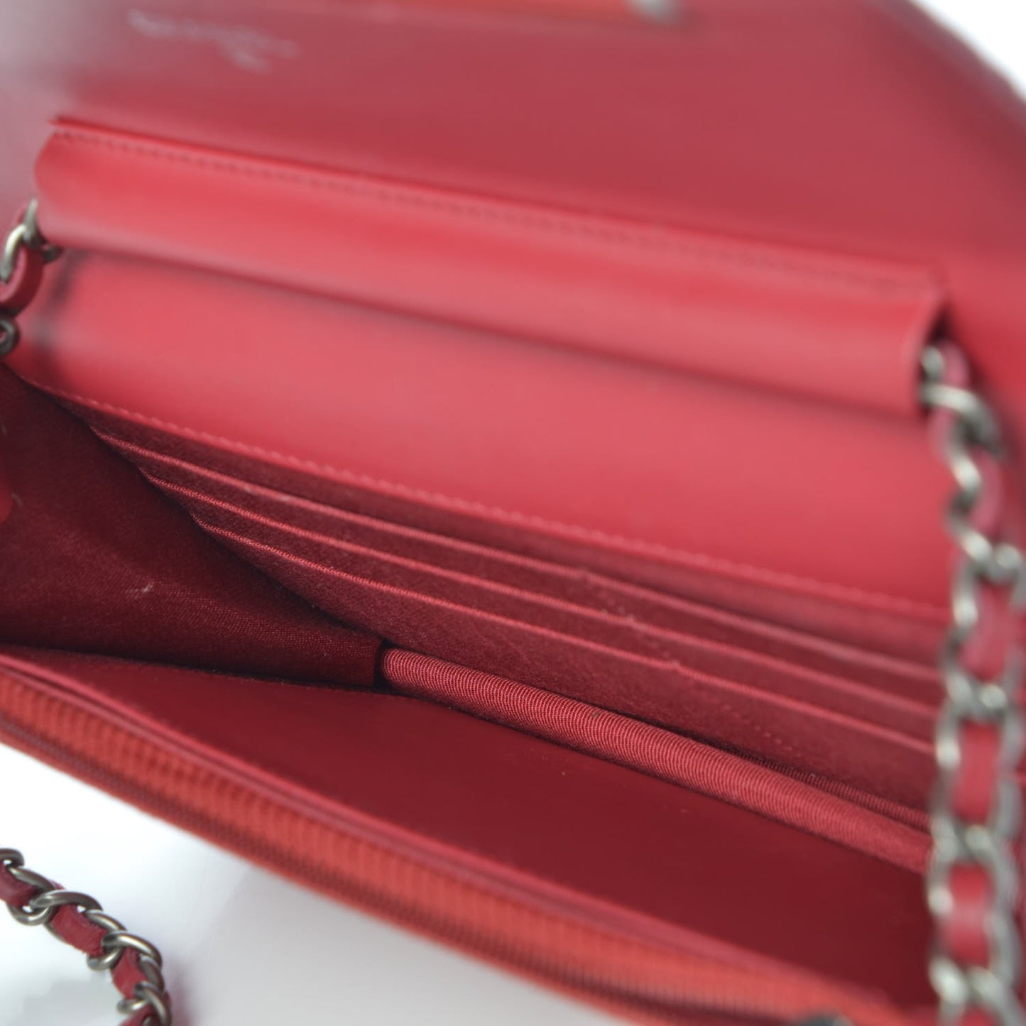 Distressed Patent Quilted Wallet On Chain WOC Dark Pink