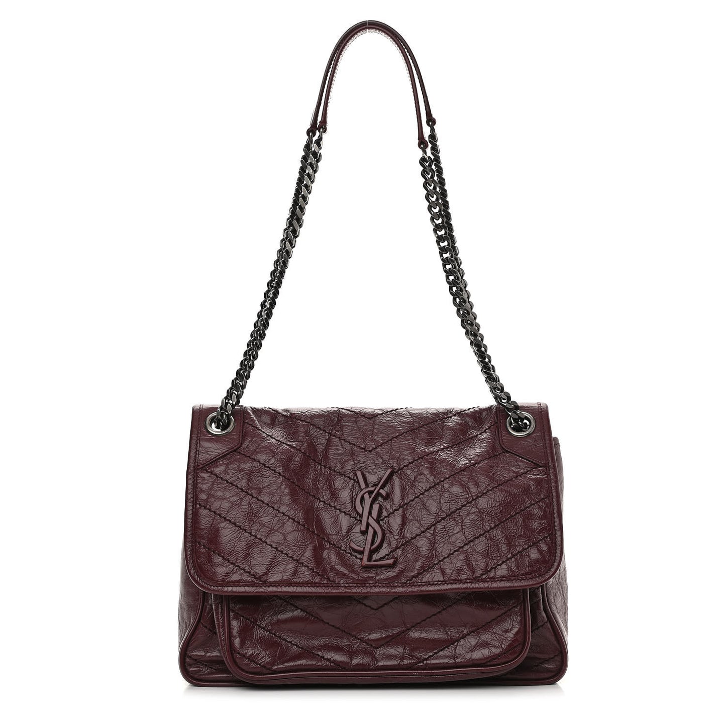 Crinkled Calfskin Matelasse Monogram Medium Niki Chain Satchel Burgundy