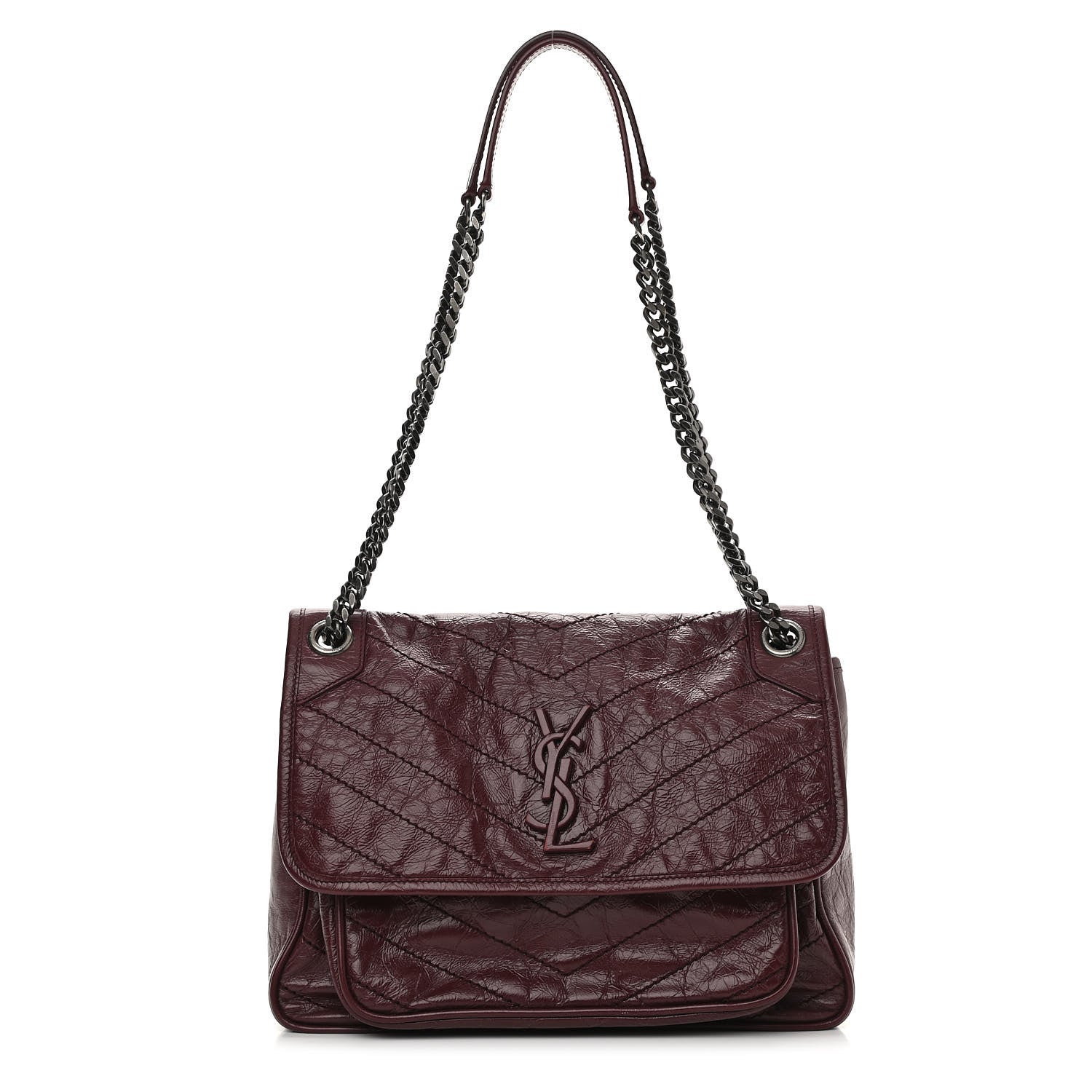 Saint Laurent Crinkled Calfskin Matelasse Monogram Medium Niki Chain Satchel Burgundy 1 of 11