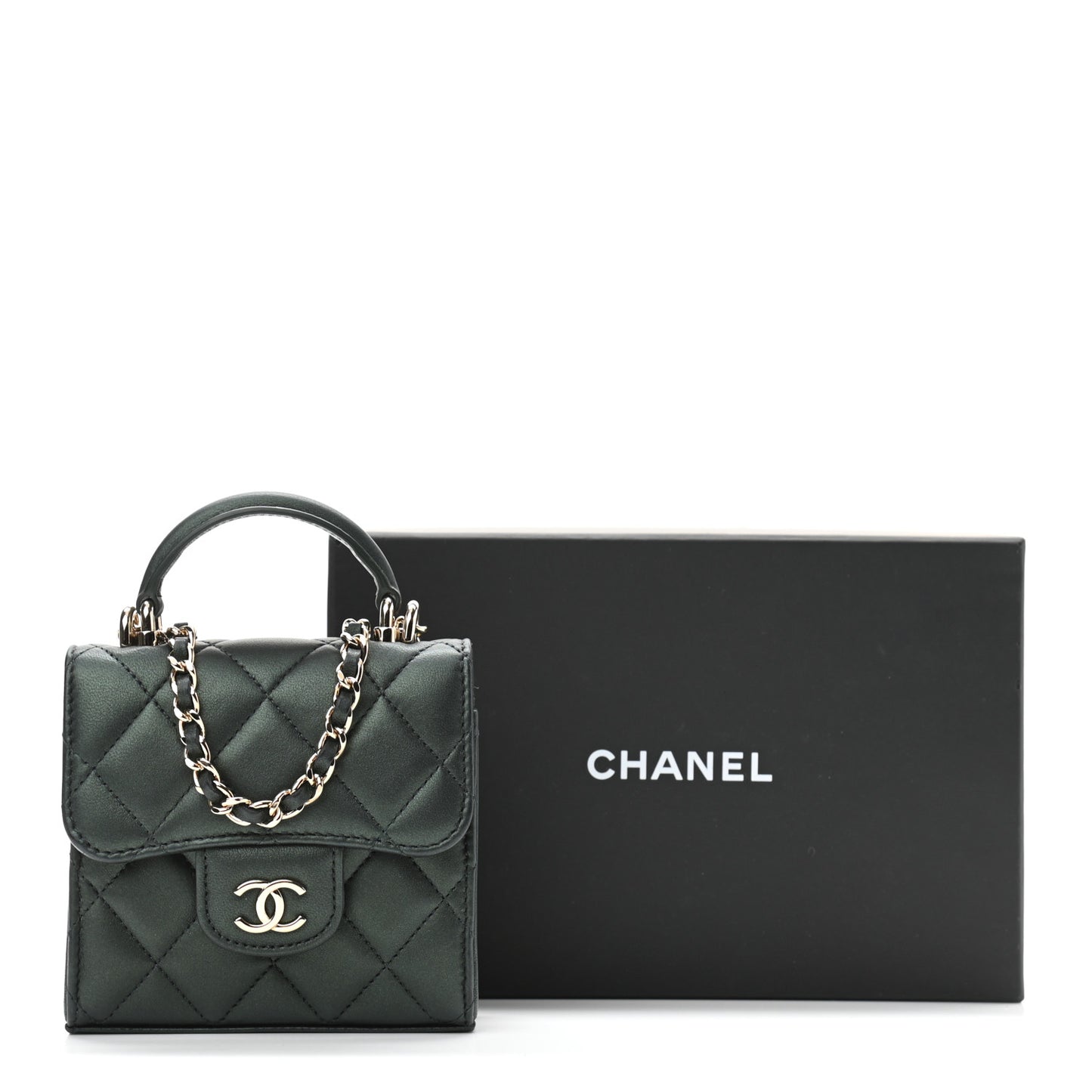 Iridescent Lambskin Quilted Top Handle Clutch With Chain Dark Green