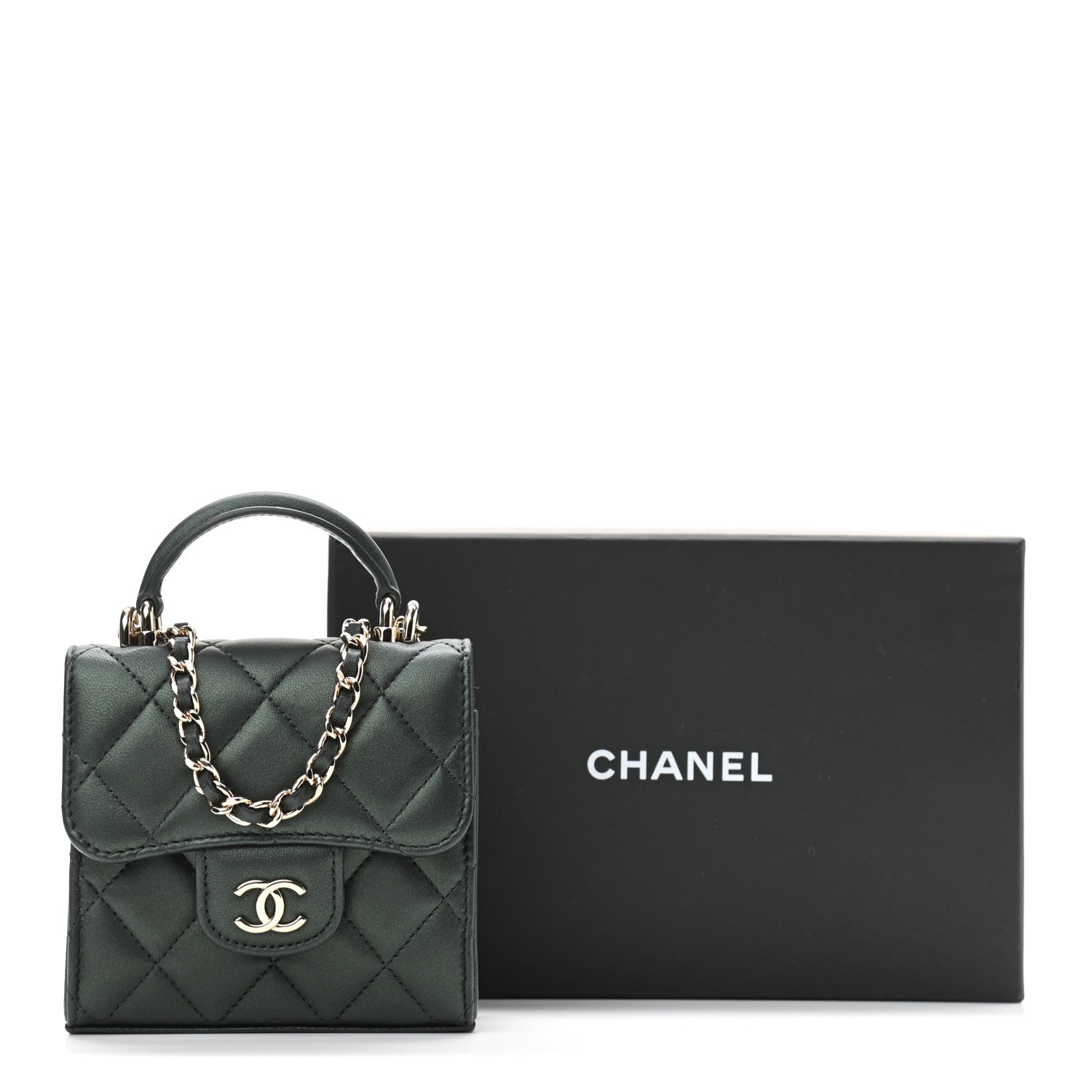 Chanel Iridescent Lambskin Quilted Top Handle Clutch With Chain Dark Green 11 of 11