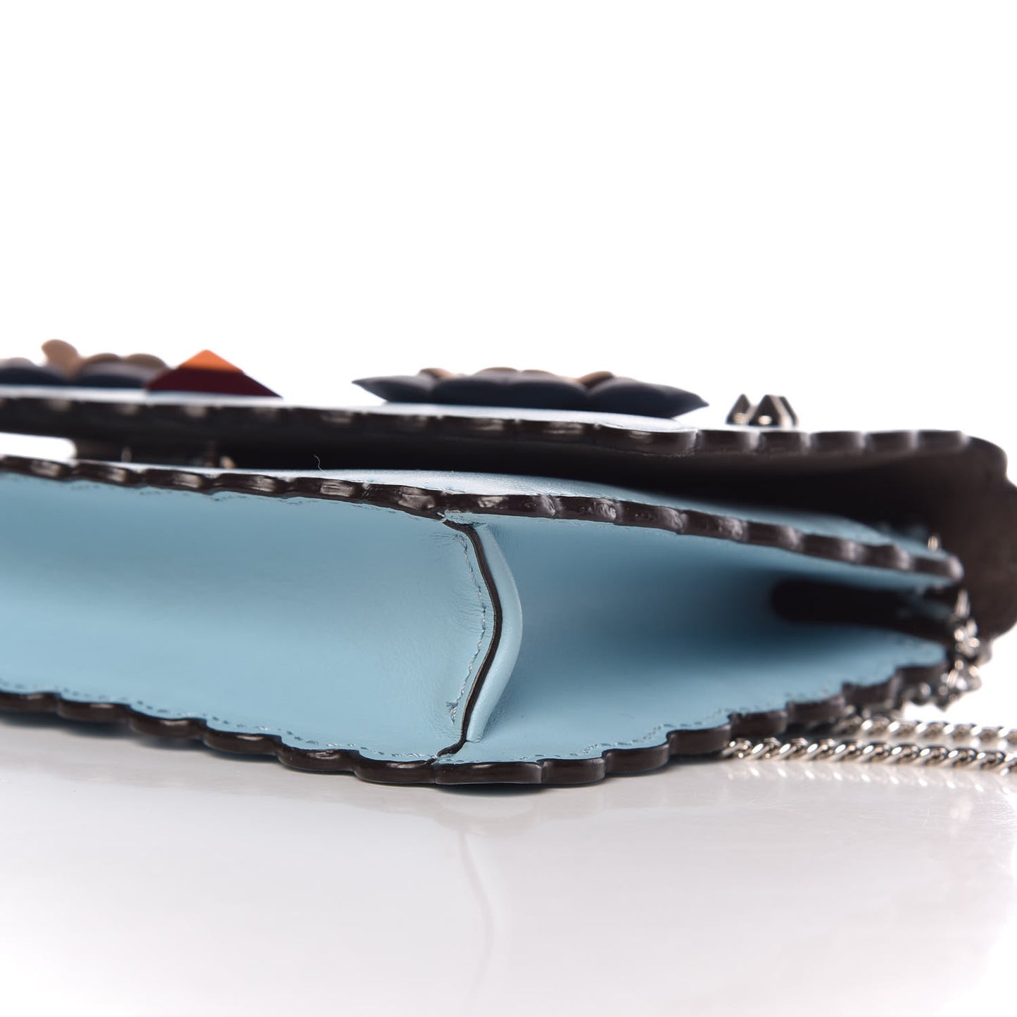 Vitello Century Lucido Nappa Hypnoteyes Scalloped Studded Tube Wallet on Chain Turchese Pallido Blueberry Multicolor