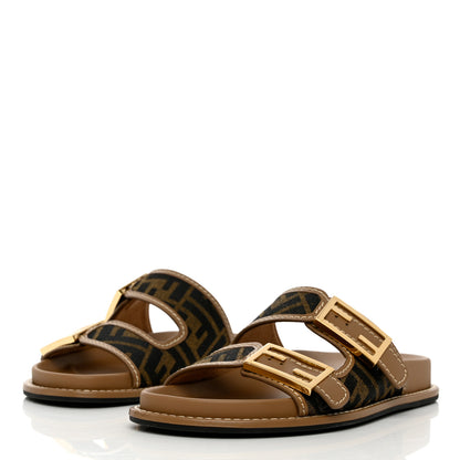 Fendi Fabric Jacquard Nappa FF Womens Fendi Feel Buckled Slide Sandals 35.5 Tobacco Black Miele Scuro 3 of 10