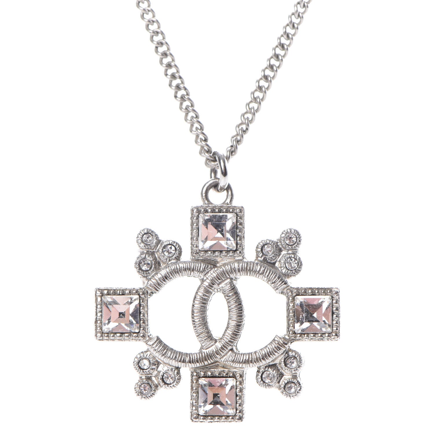 Chanel Crystal CC Pendant Necklace Silver 4 of 8