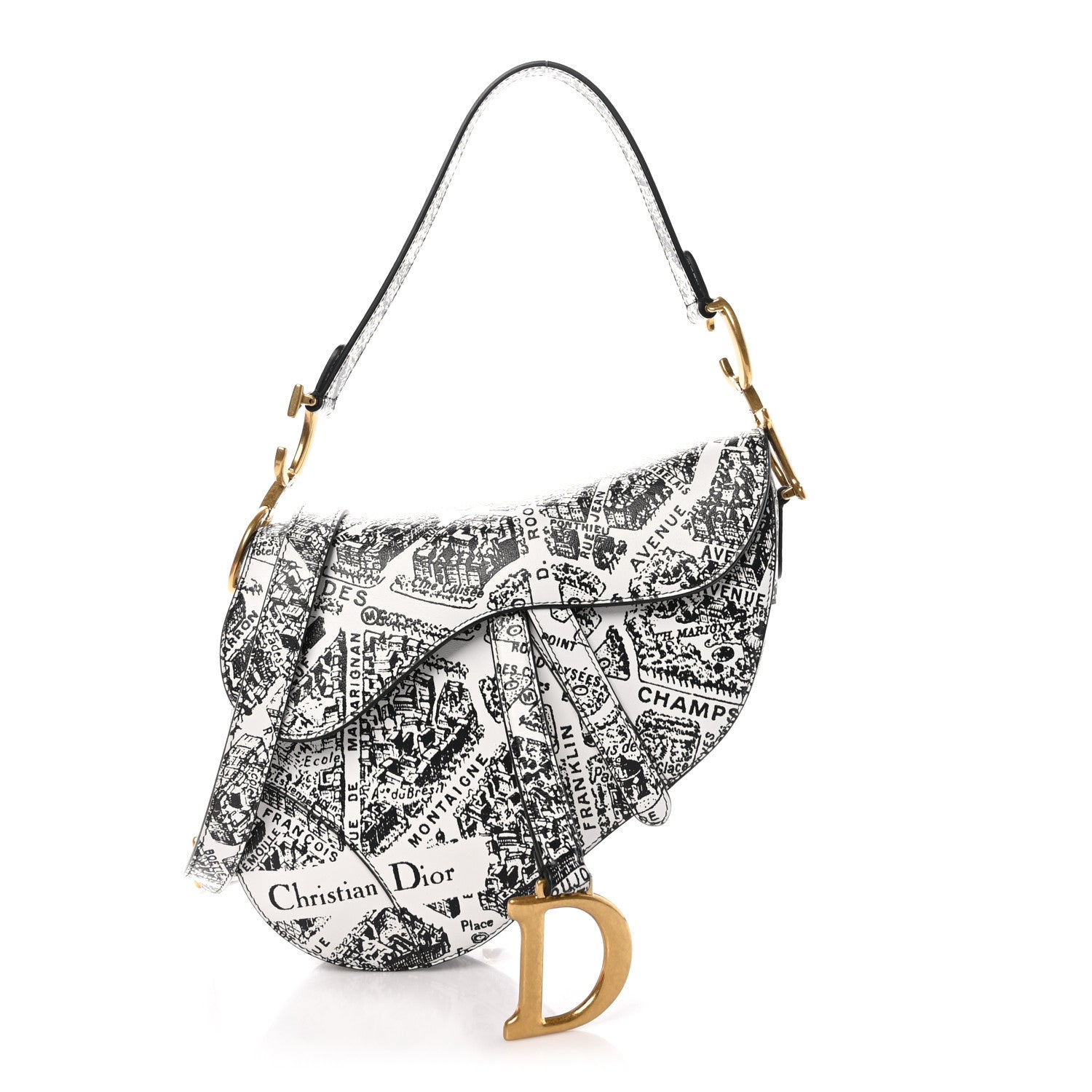 Christian Dior Calfskin Plan De Paris Printed Saddle Bag With Strap White Black 1 of 10
