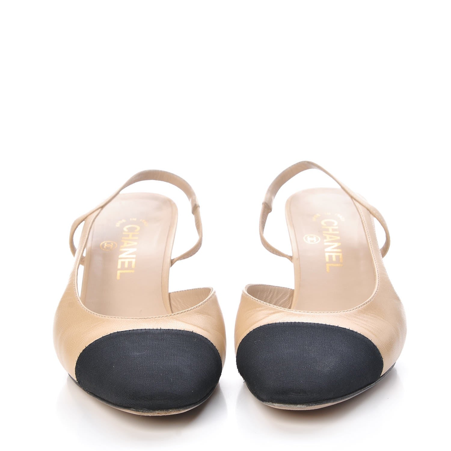 Chanel Goatskin Grosgrain Cap Toe CC Slingback Pumps 38 Beige Black 2 of 13