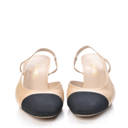 Chanel Goatskin Grosgrain Cap Toe CC Slingback Pumps 38 Beige Black 2 of 13