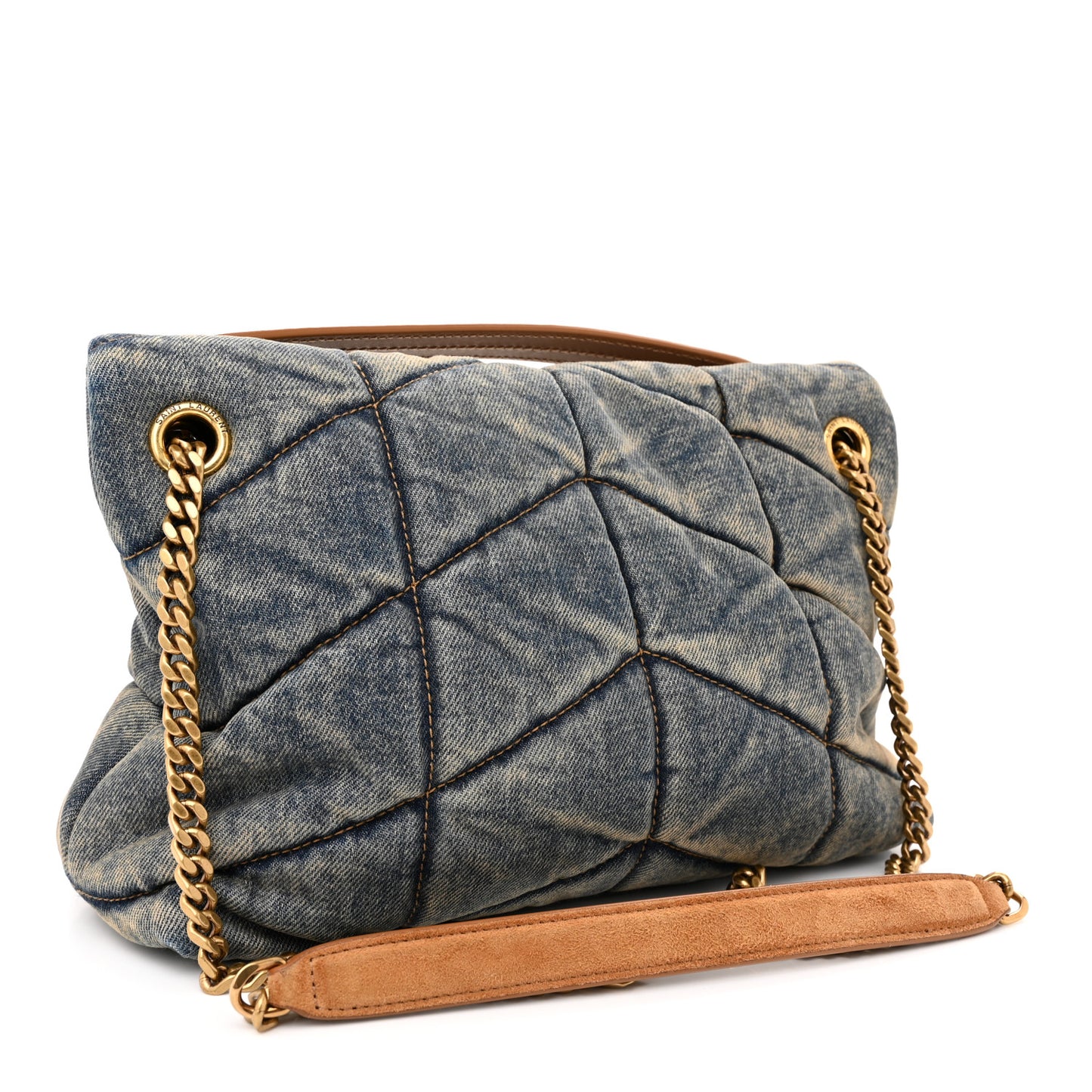Denim Quilted Small Loulou Puffer Monogram Chain Satchel Blue Cinnamon