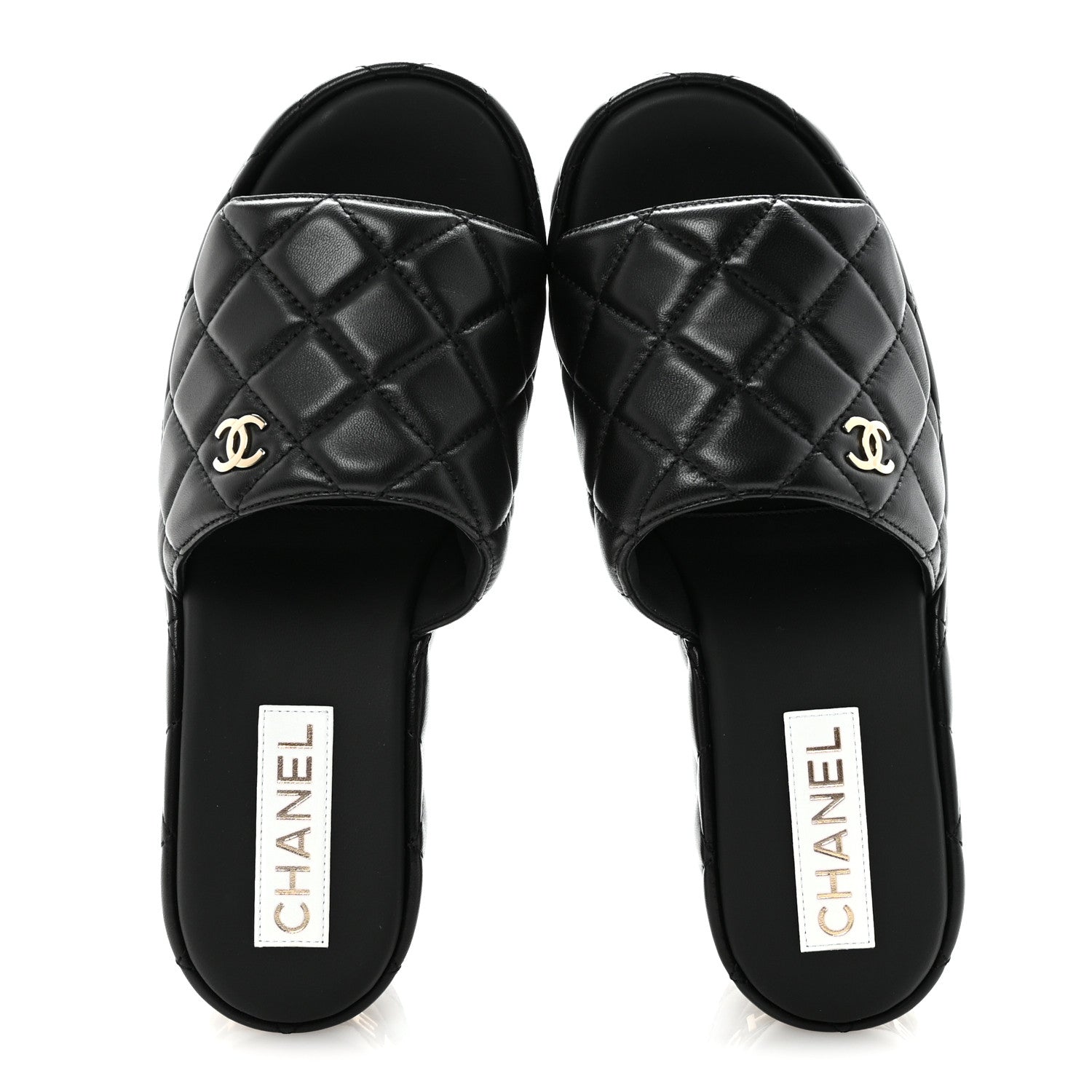 Chanel Lambskin Quilted CC Mules Wedge Sandals 37 Black 1851602