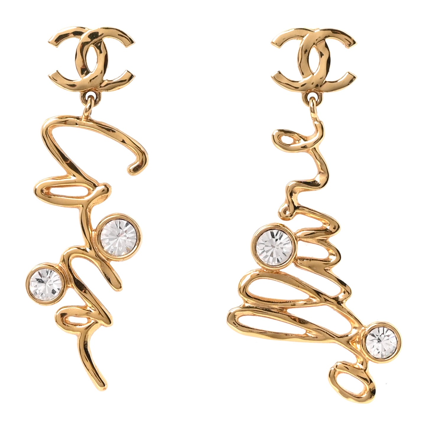 Metal Crystal Coco Script CC Drop Earrings Gold