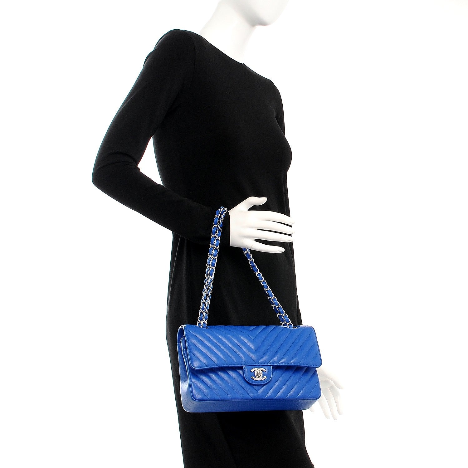 Chanel Caviar Chevron Quilted Medium Double Flap Bright Blue 2 of 9
