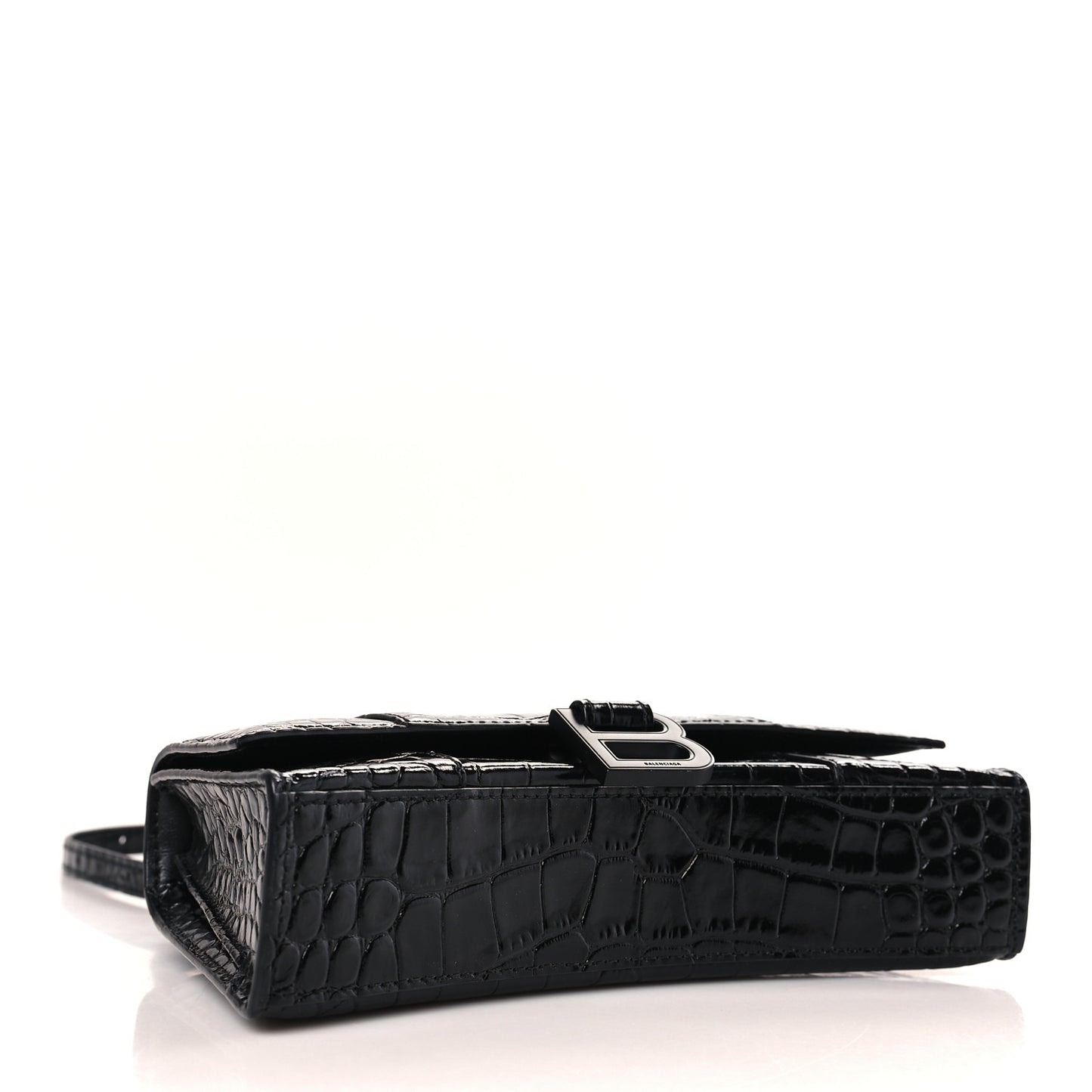 Shiny Calfskin Monochrome Crocodile Embossed Hourglass Chain Bag XS Black