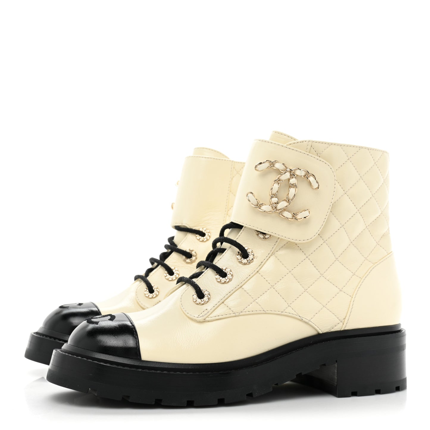 Shiny Goatskin Calfskin Quilted Lace Up Combat Boots 39 Ivory Black