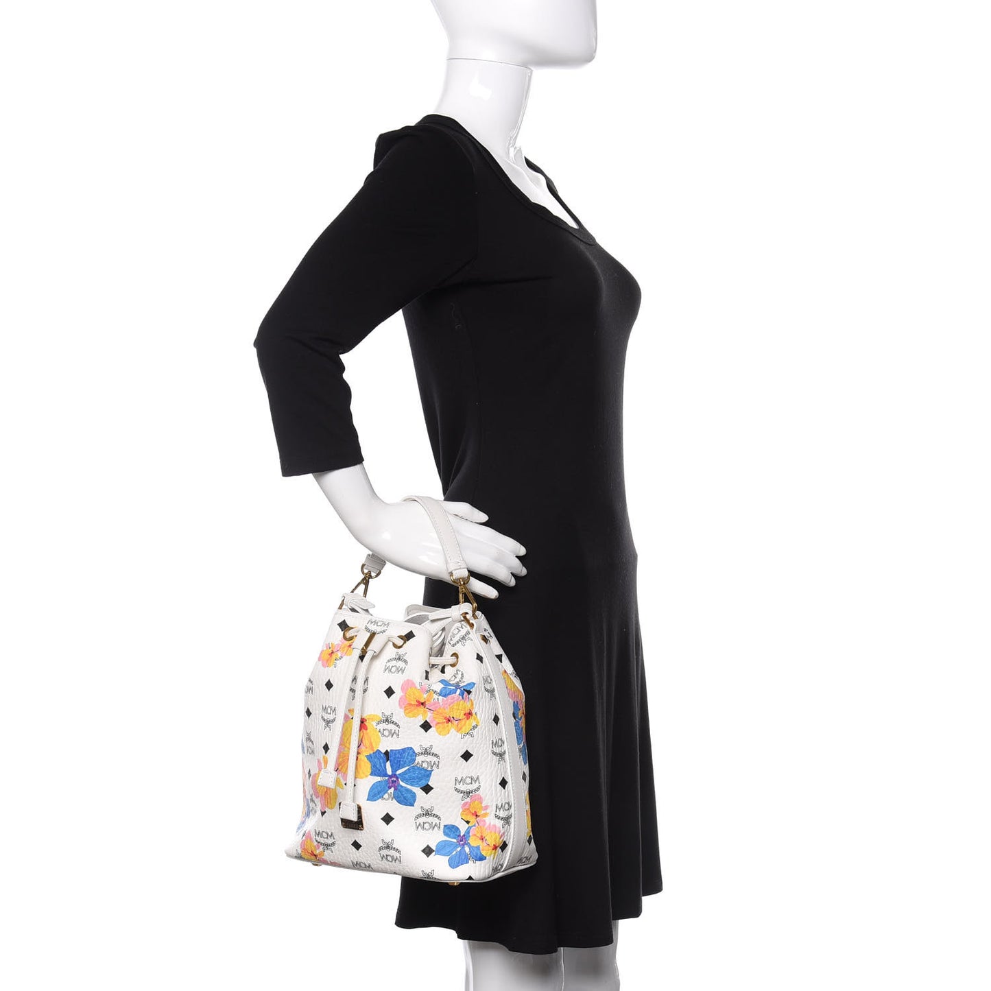 Visetos Floral Print Small Drawstring Bucket Bag White