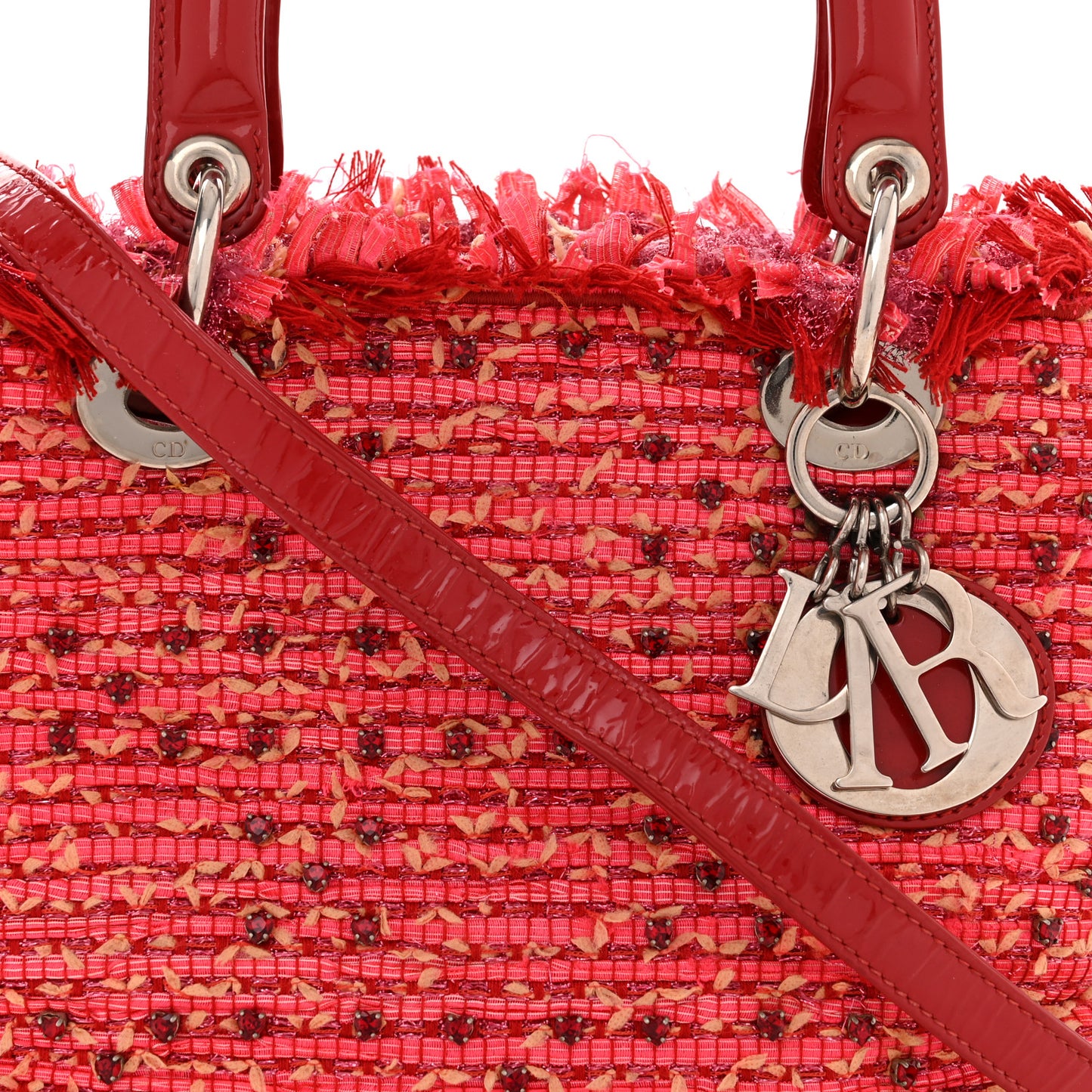 Tweed Fringe Rhinestone Medium Lady Dior Red