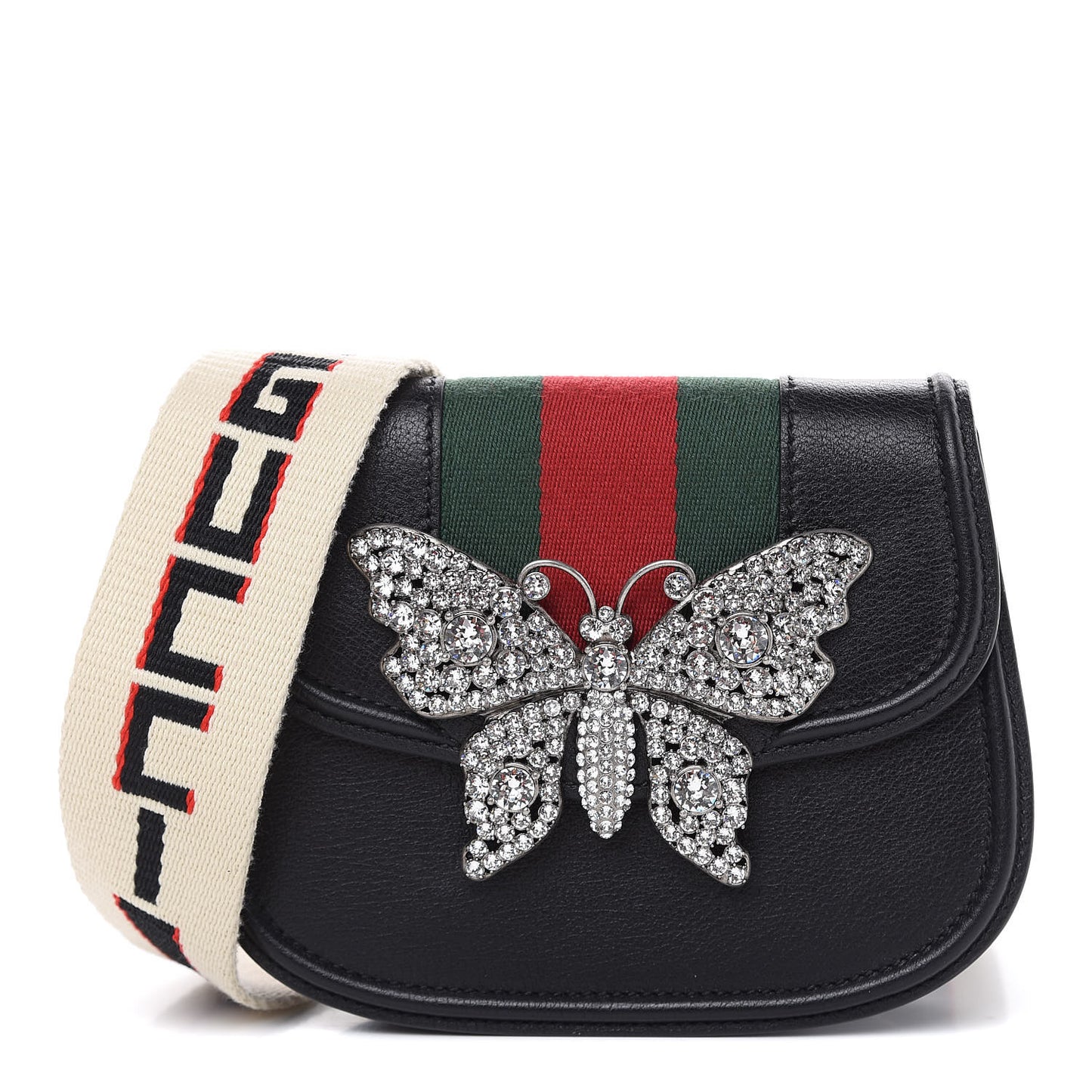 Calfskin Web Crystal Butterfly Stripe Small Totem Shoulder Bag Black