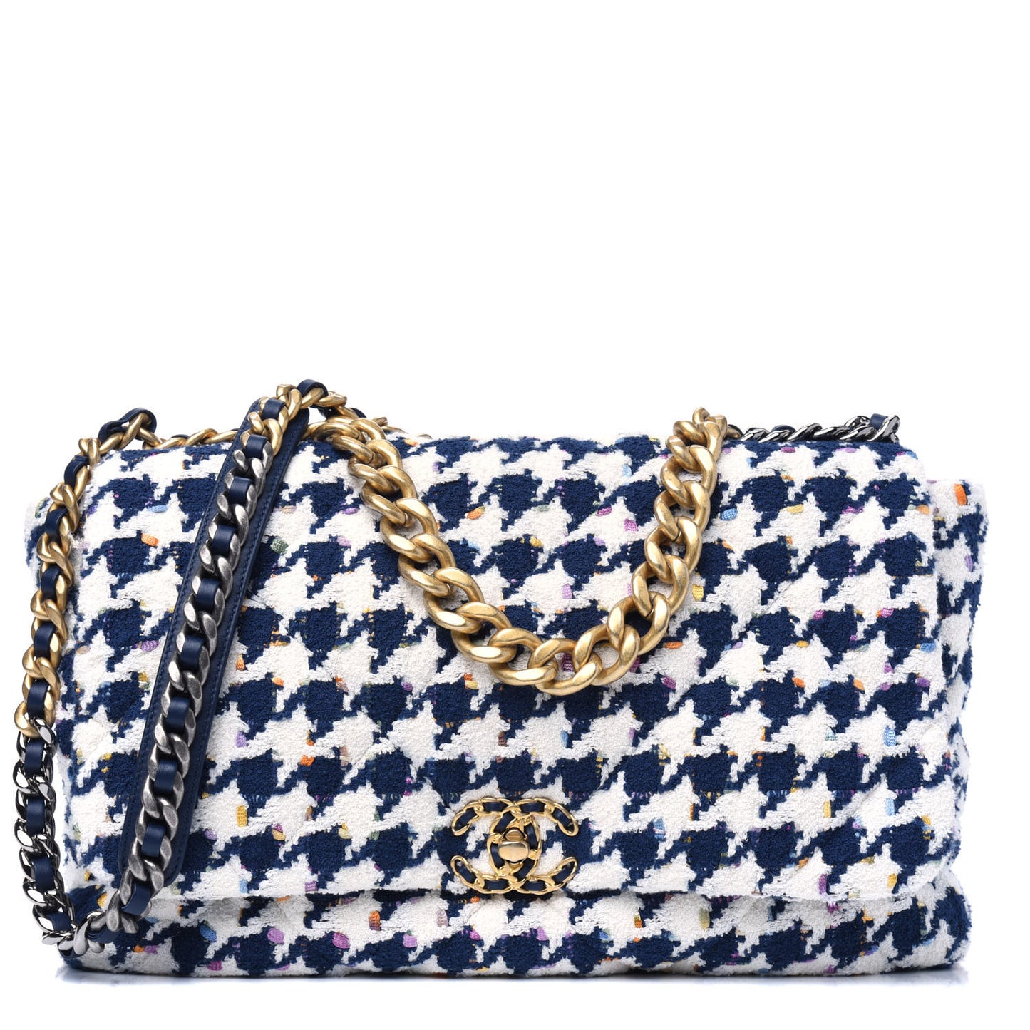 Tweed Quilted Maxi Chanel 19 Flap Ecru Navy Blue Multicolor