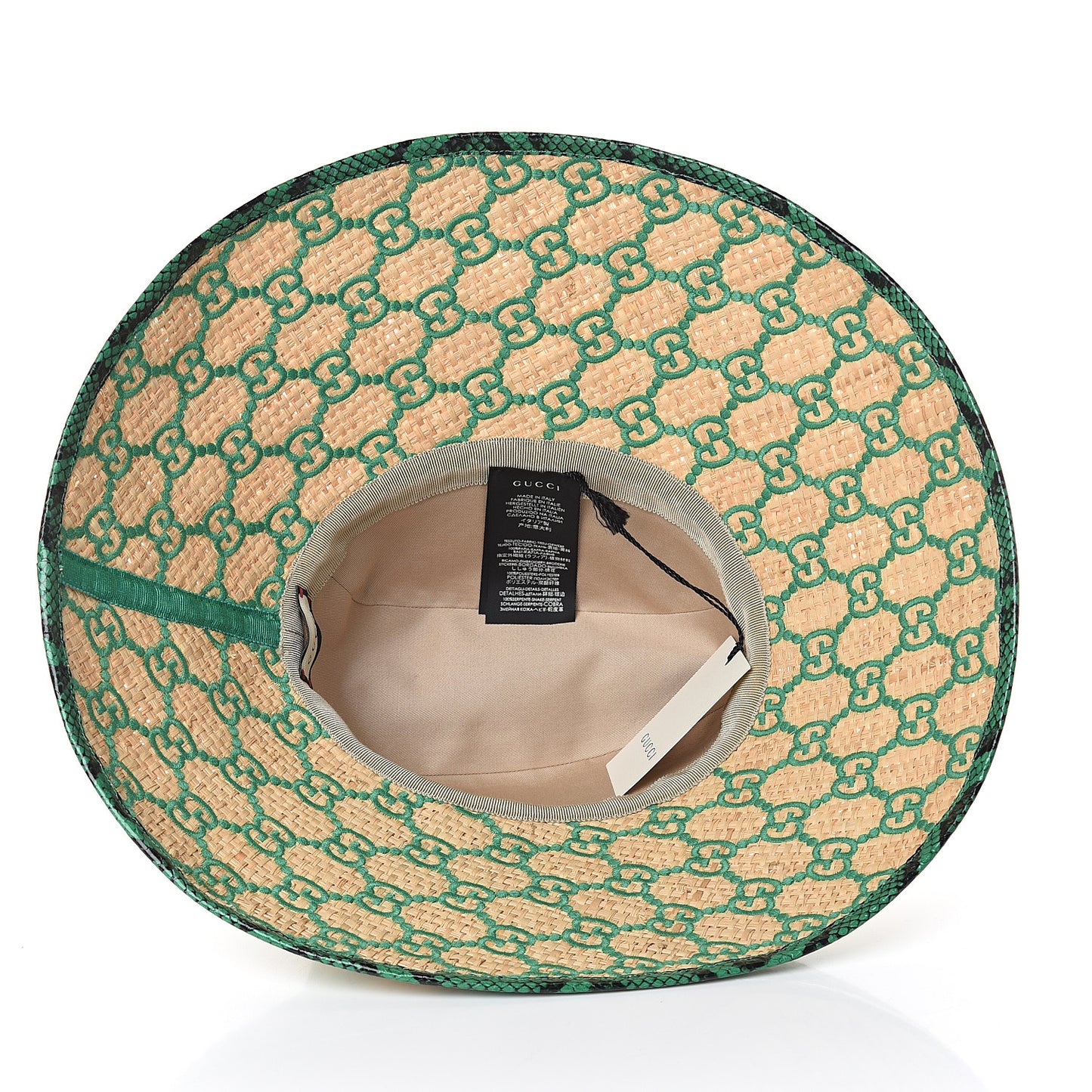 Raffia Elaphe GG Monogram Embroidered Wide Brim Hat Ivory Dark Green