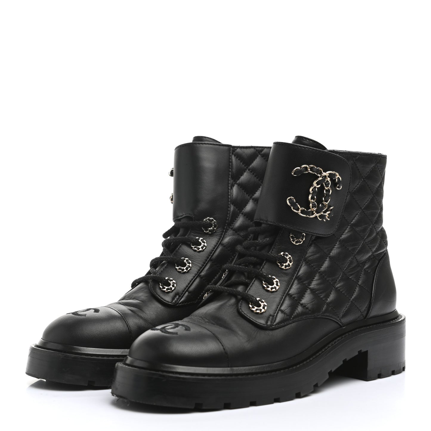 Shiny Lambskin Quilted Lace Up Combat Boots 38 Black