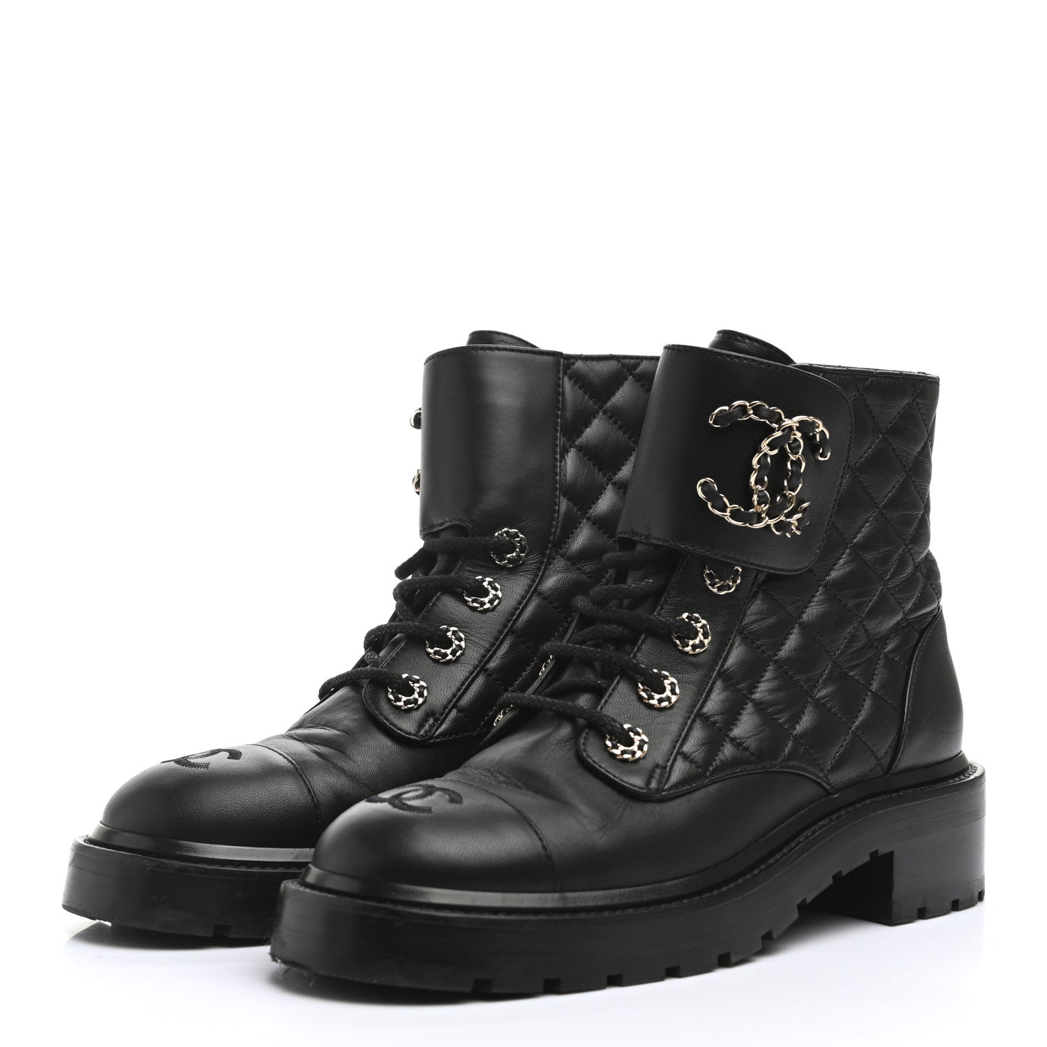 Chanel Shiny Lambskin Quilted Lace Up Combat Boots 38 Black 3 of 13