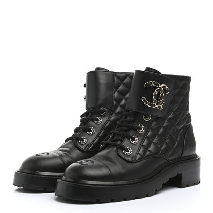 Chanel Shiny Lambskin Quilted Lace Up Combat Boots 38 Black 3 of 13