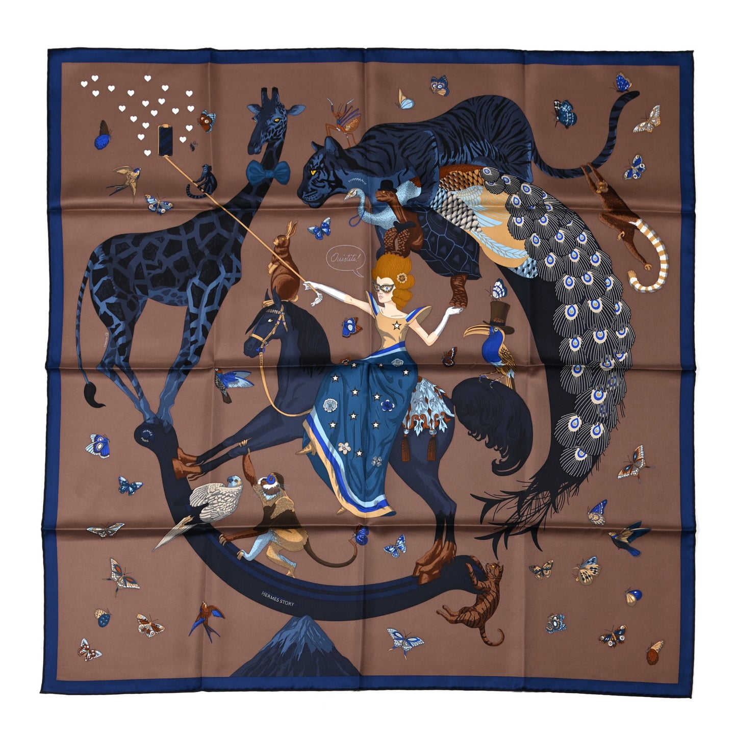 Silk Story Scarf 90 Marron Glace Bleu Nuit