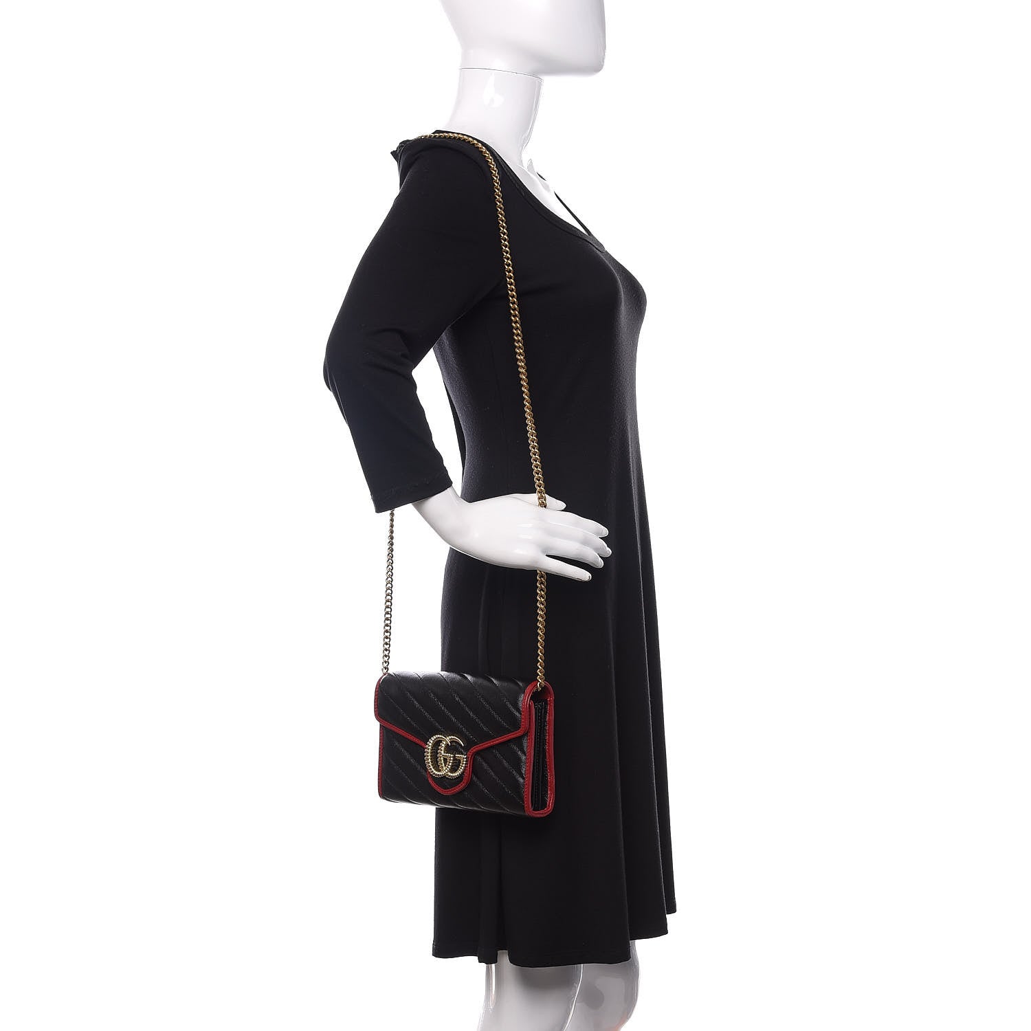 Gucci Vintage Effect Calfskin Matelasse Diagonal Torchon GG Marmont Chain Wallet Black Romantic Cherry 2 of 9