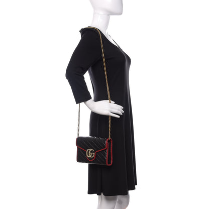 Gucci Vintage Effect Calfskin Matelasse Diagonal Torchon GG Marmont Chain Wallet Black Romantic Cherry 2 of 9