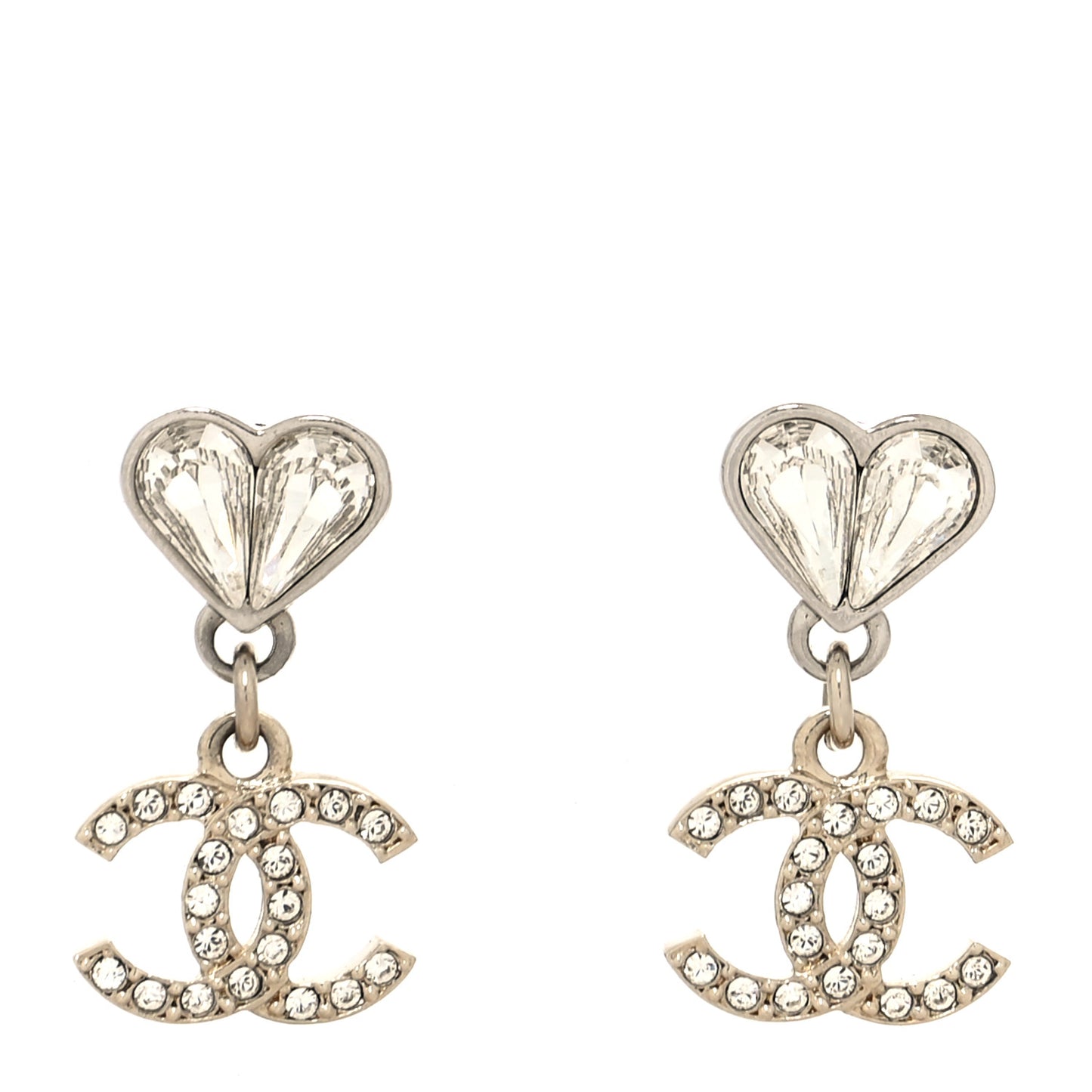Crystal CC Heart Drop Earrings Gold Silver