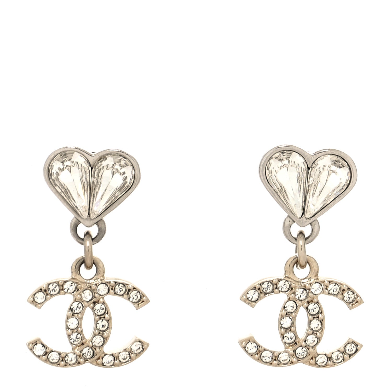 Chanel Crystal CC Heart Drop Earrings Gold Silver 1 of 4