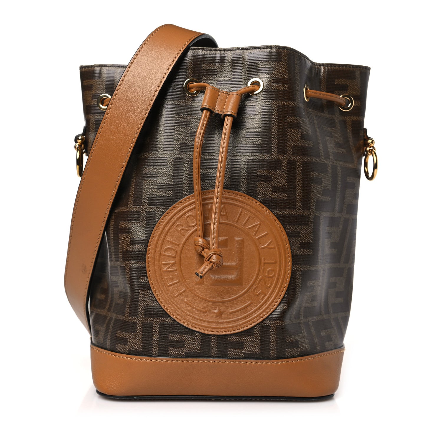 Glazed Fabric Vitello Grace F is Fendi FF 1974 Stamp Patch Grande Mon Tresor Bucket Bag Mogano Panna Nocciola
