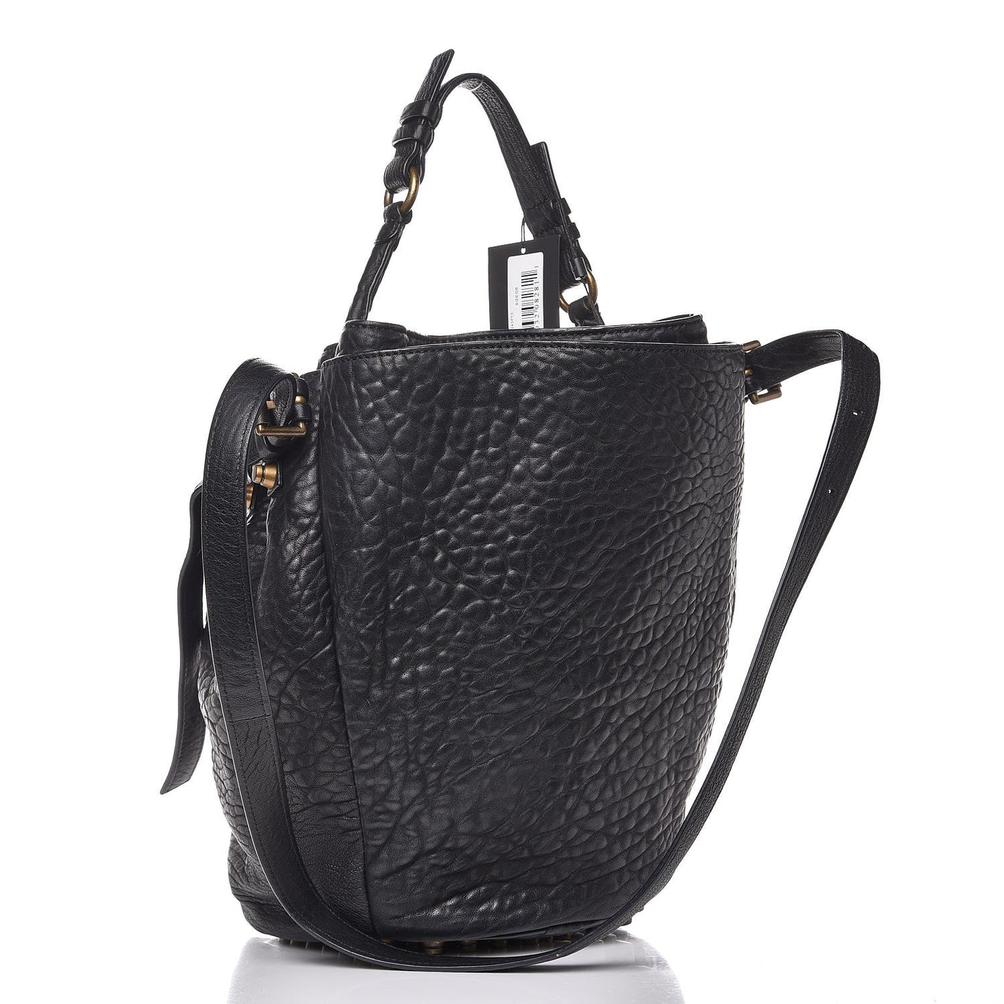 Pebbled Lambskin Diego Bucket Bag Black Antique Brass Hardware
