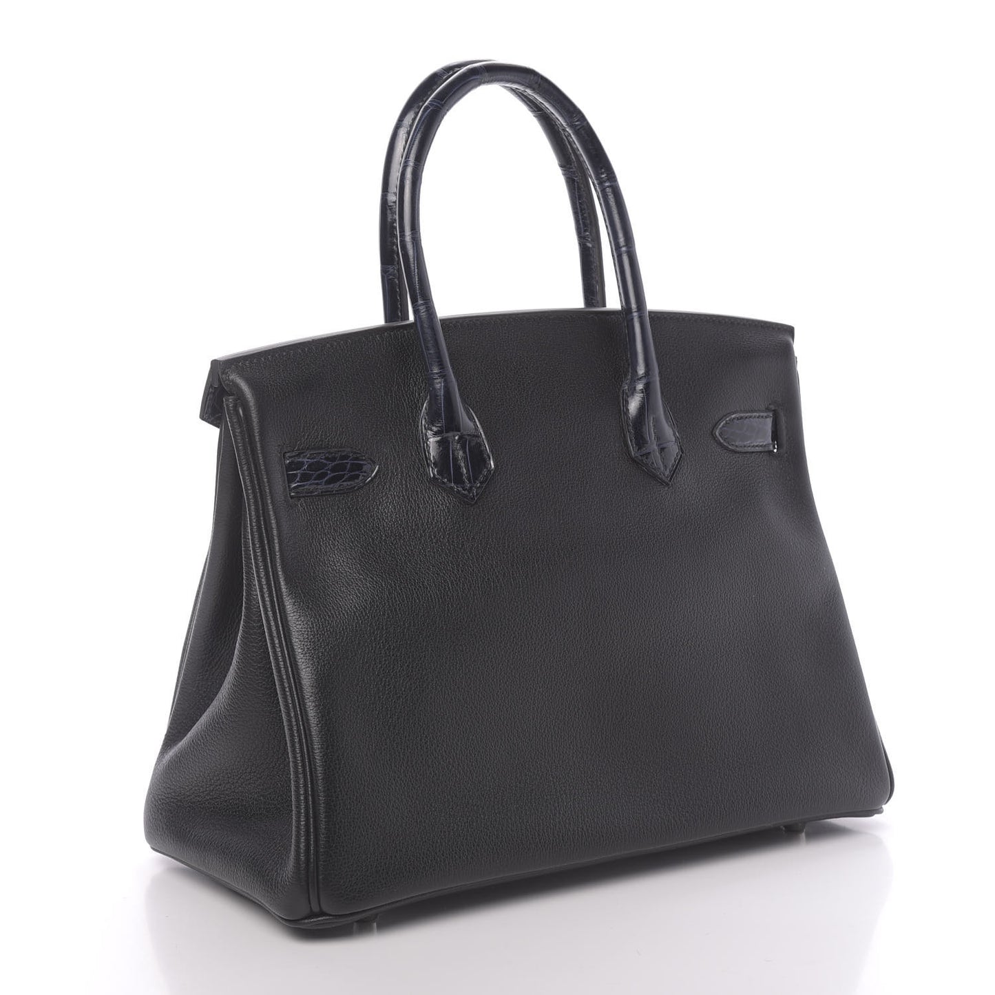 Taurillon Novillo Shiny Niloticus Crocodile Birkin Touch 30 Black Bleu Marine
