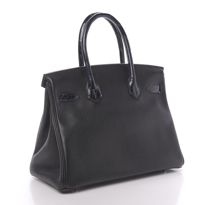 Hermes Taurillon Novillo Shiny Niloticus Crocodile Birkin Touch 30 Black Bleu Marine 3 of 38