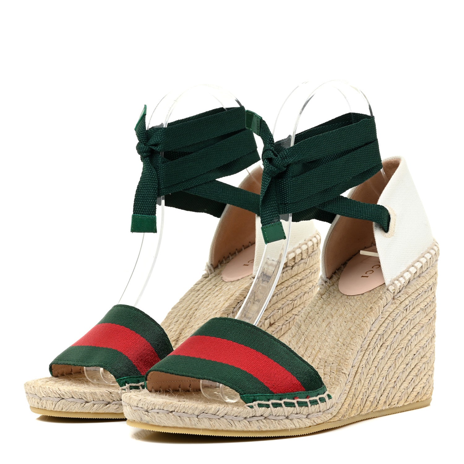 Gucci Canvas Malaga Kid Web Ankle Wrap Espadrille Wedge Sandals 38.5 Green Red Mystic White Emerald 3 of 13