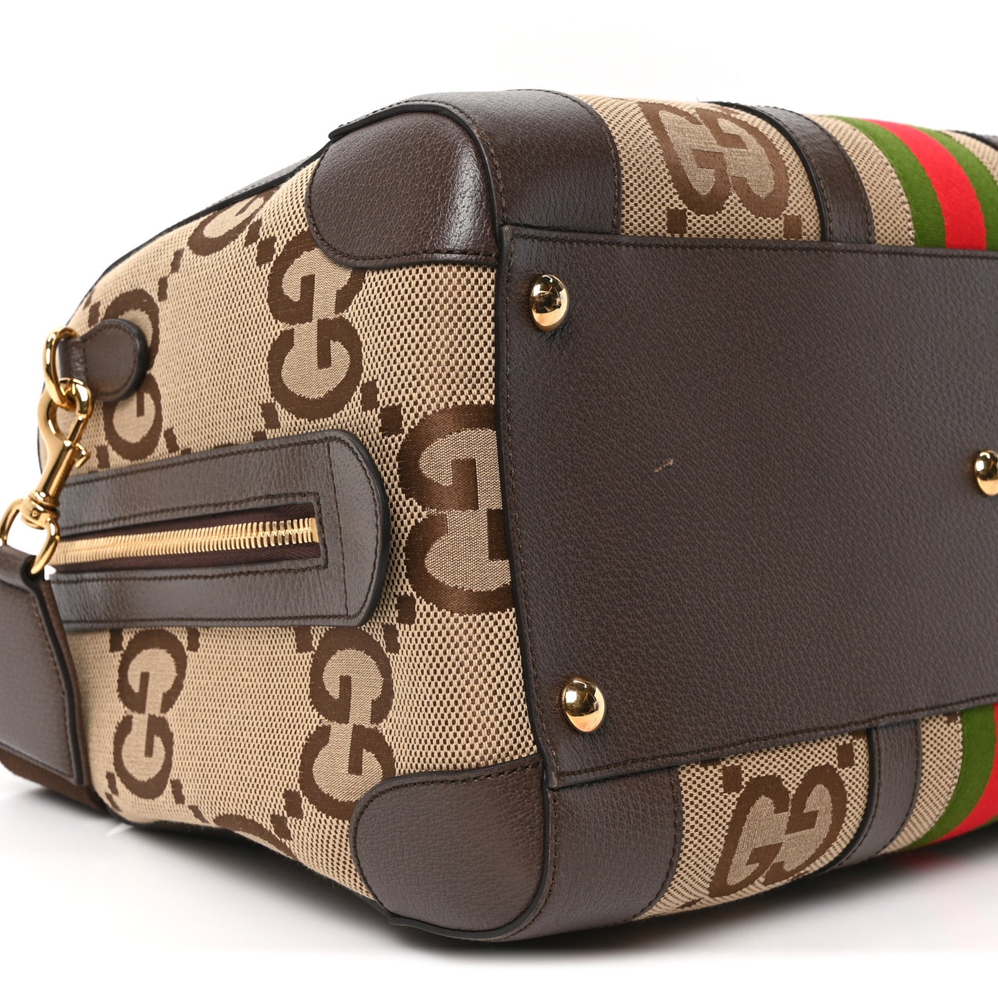 Monogram Jumbo GG Textured Dollar Calfskin Web Medium Duffle Bag Camel Ebony