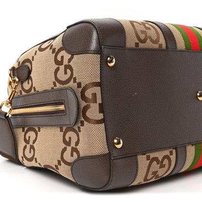 Gucci Monogram Jumbo GG Textured Dollar Calfskin Web Medium Duffle Bag Camel Ebony 8 of 9