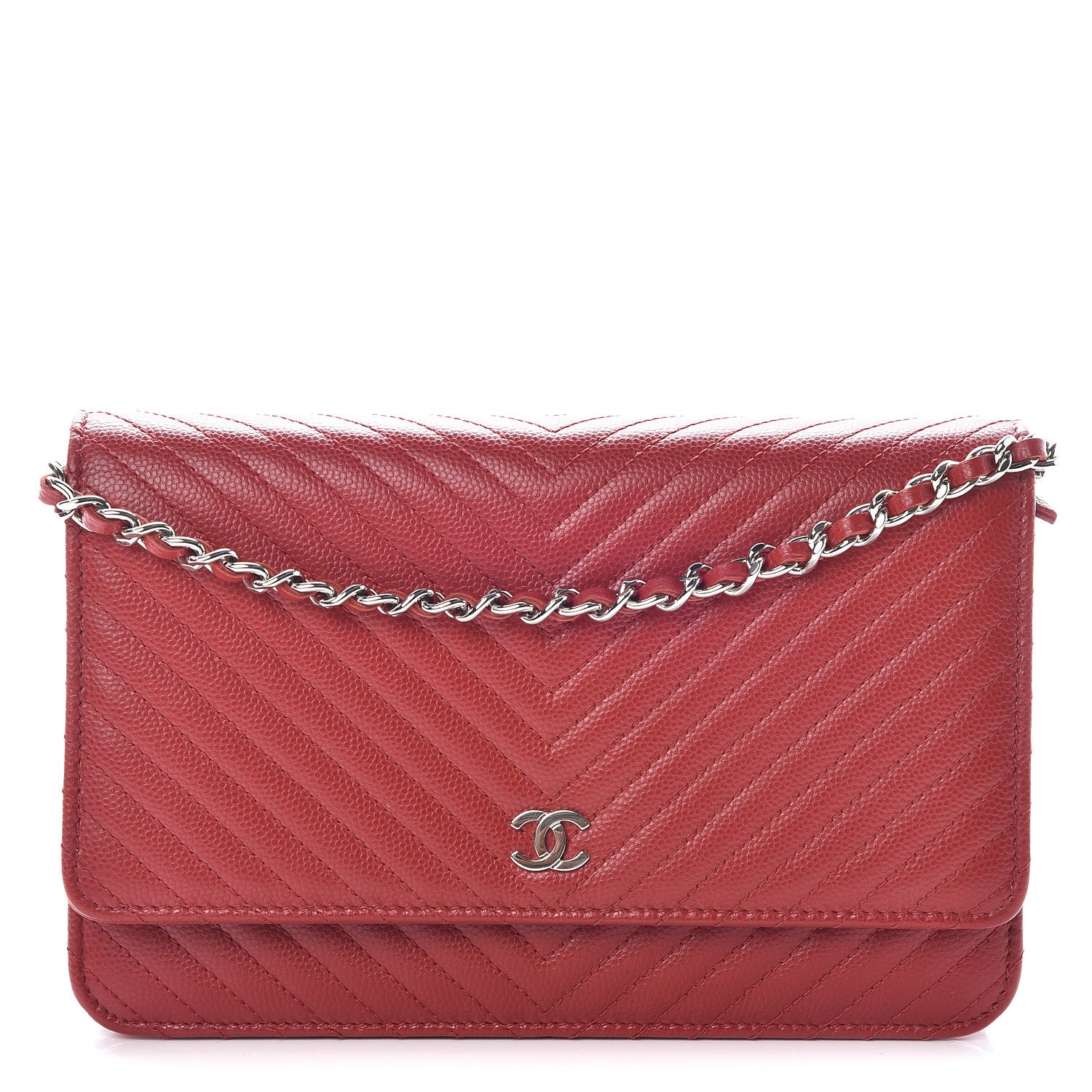Chanel Caviar Chevron Quilted Wallet On Chain WOC Red 1 of 8