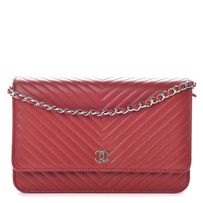 Chanel Caviar Chevron Quilted Wallet On Chain WOC Red 1 of 8