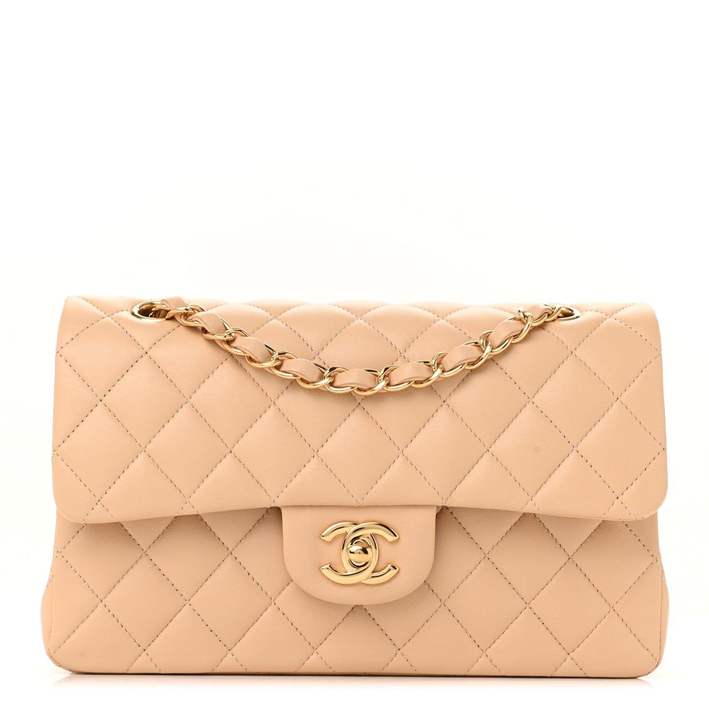 Lambskin Quilted Small Double Flap Beige