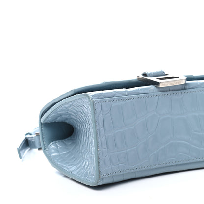 Balenciaga Shiny Calfskin Crocodile Embossed Hourglass Top Handle Bag XS Blue Grey 7 of 8