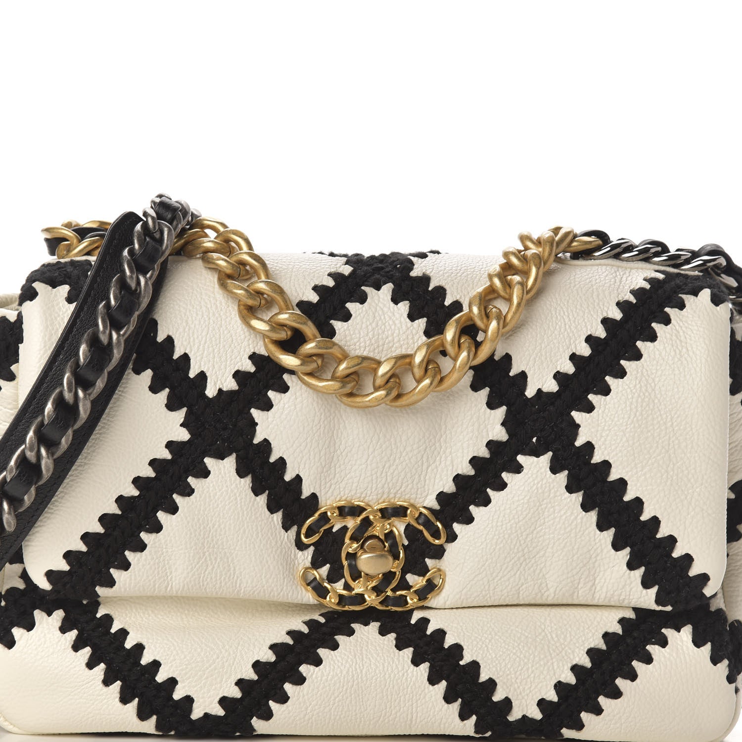 Chanel Calfskin Crochet Medium 19 Flap White Black 10 of 11