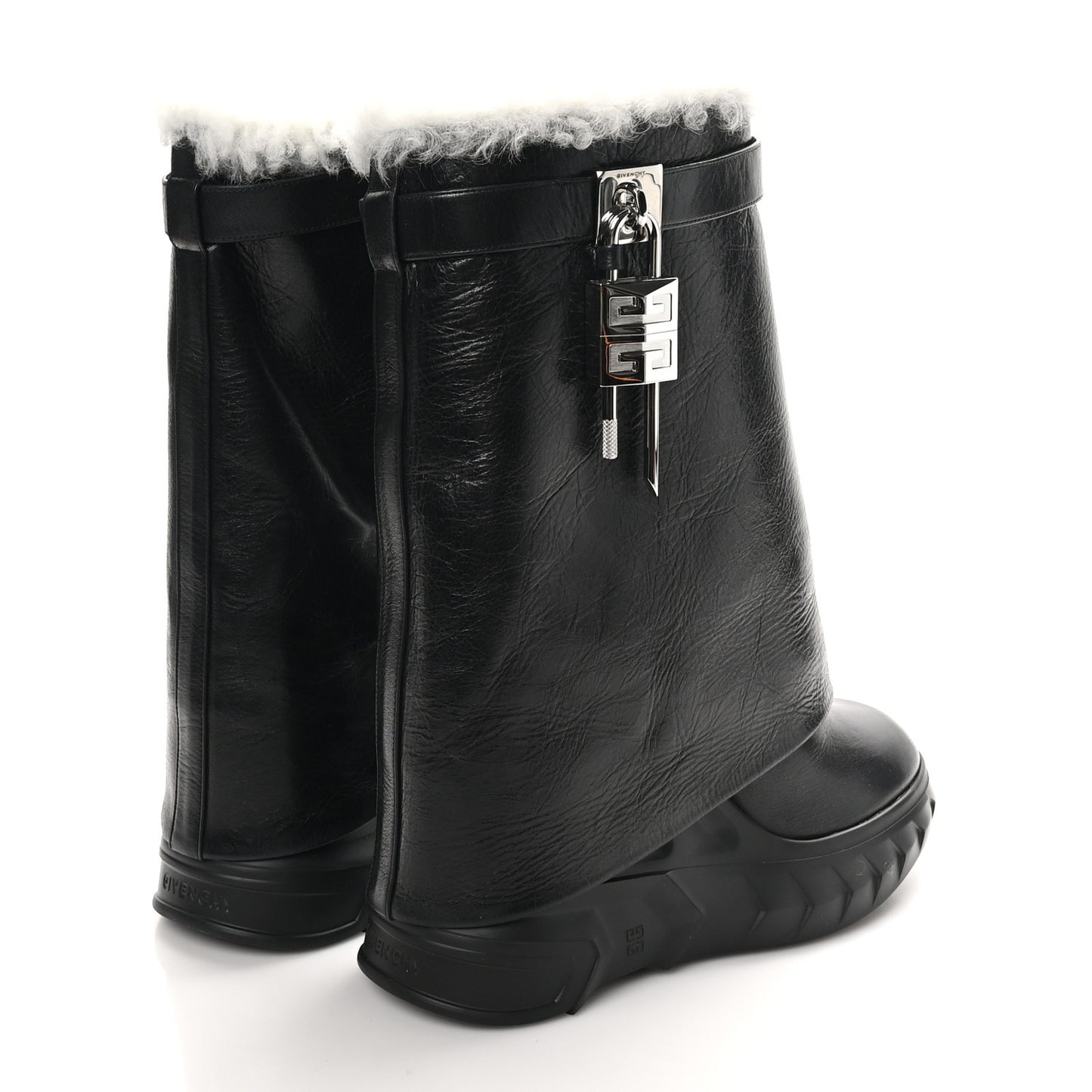 Crinkled Calfskin Shearling Shark Lock Biker Ankle Boots 39 Black Natural