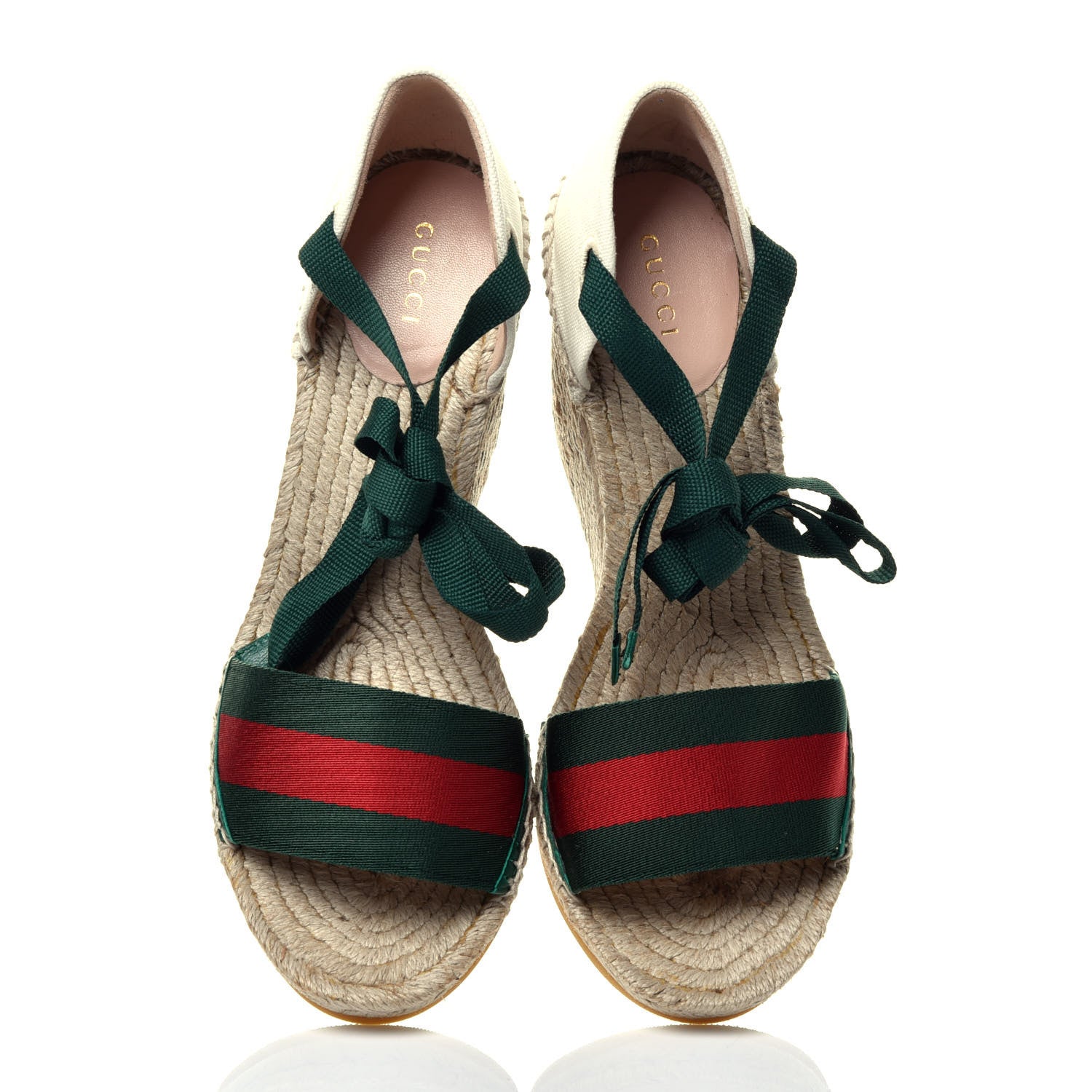 Gucci Canvas Malaga Kid Web Ankle Wrap Espadrille Wedge Sandals 40.5 Green Red Mystic White Emerald 5 of 11