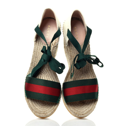 Gucci Canvas Malaga Kid Web Ankle Wrap Espadrille Wedge Sandals 40.5 Green Red Mystic White Emerald 5 of 11