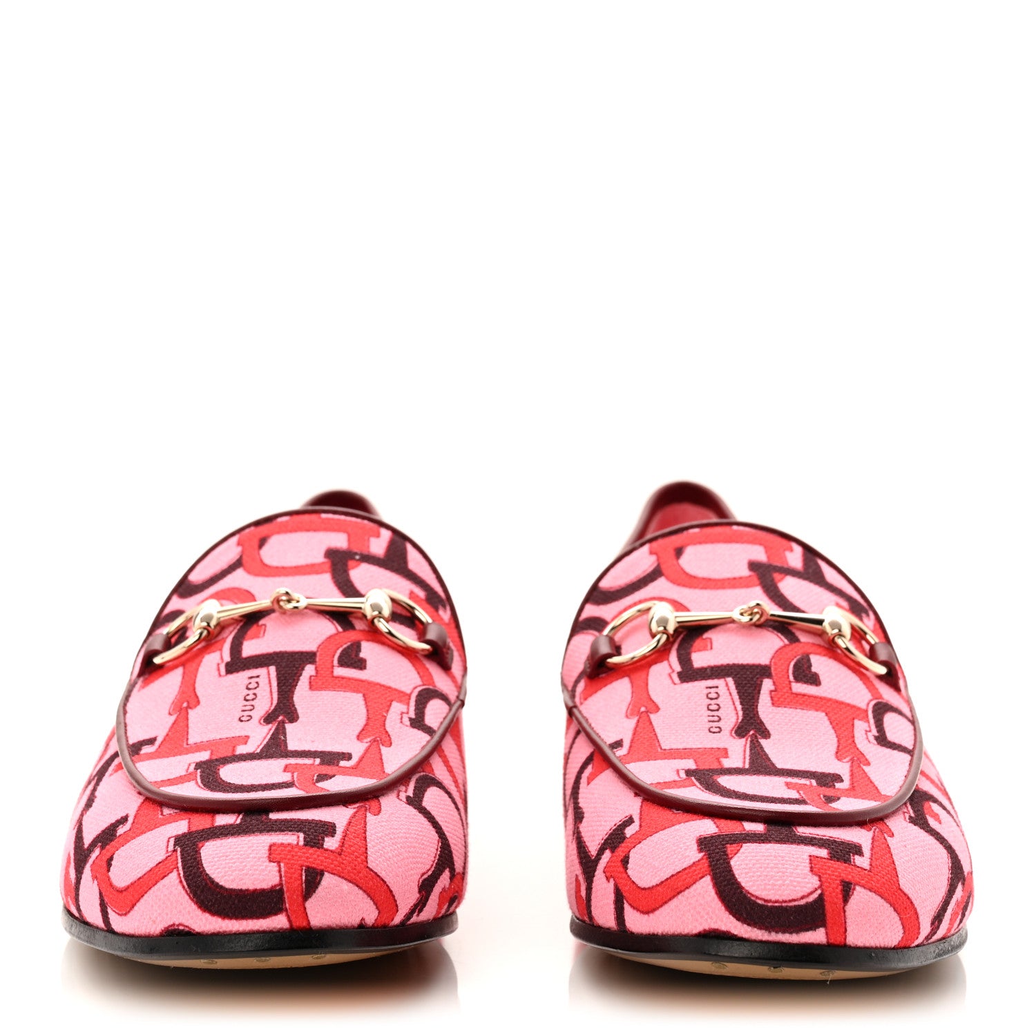 Gucci Betis Glamour Canvas Horsebit Print Womens Jordaan Loafers 39.5 Pink Rosso Ancora 2 of 10