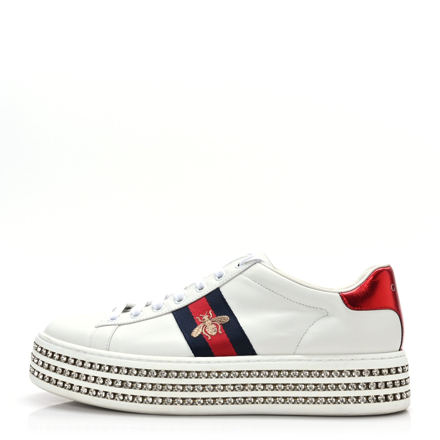 Calfskin Crystal Web Bee Embroidered Womens Ace Platform Sneakers 40 White
