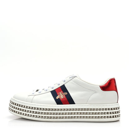Gucci Calfskin Crystal Web Bee Embroidered Womens Ace Platform Sneakers 40 White 1 of 7